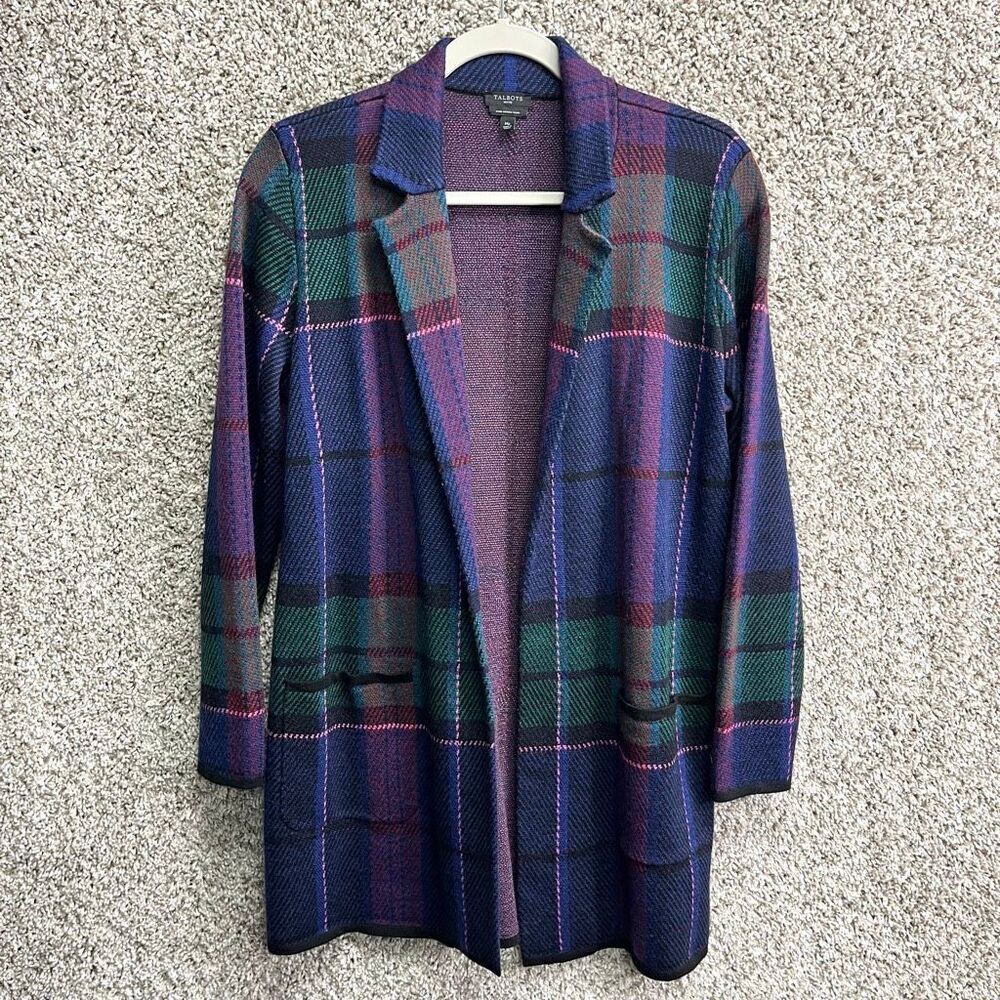 Talbots CardiganβSweater Womens MP Pure Merino Wool Open Front Plaid Long Sleeve